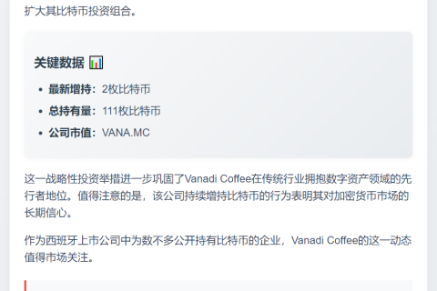 Vanadi Coffee增持比特币至111枚