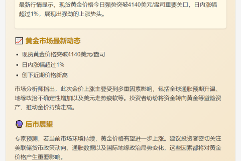 金价突破4140美元，日内涨逾1%