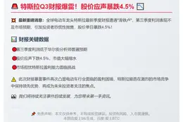 特斯拉Q3利润不及预期 股价跌4.5%
