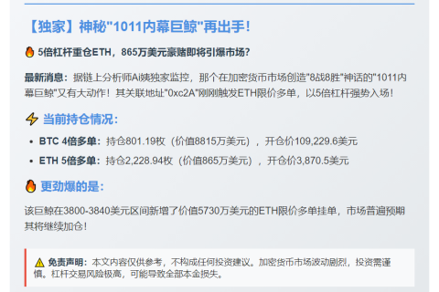 巨鲸5倍做多ETH，仓位865万美元