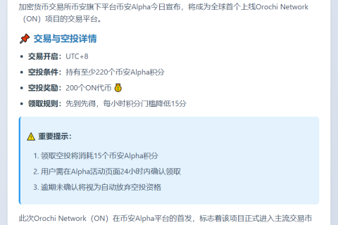 币安Alpha上线ON，空投需220积分