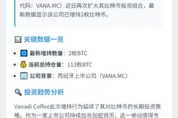 Vanadi Coffee增持2枚BTC，持仓达113枚
