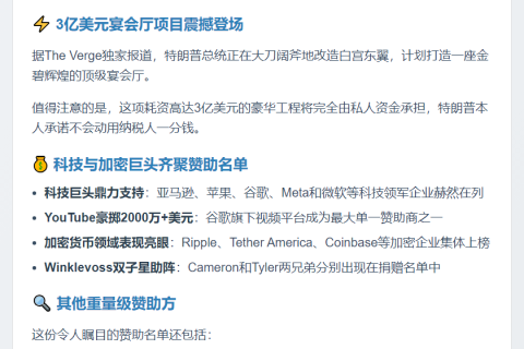 特朗普3亿白宫改建获加密企业资助