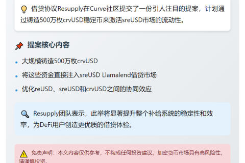 "Resupply提案：铸造500万crvUSD供应sreUSD市场"