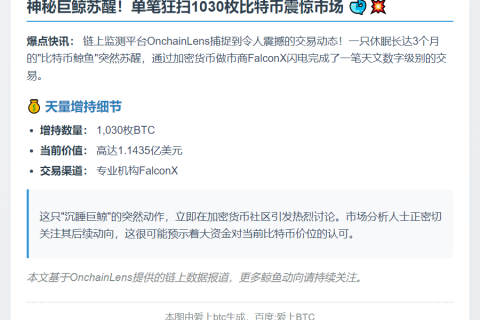 巨鲸苏醒：1030枚BTC增持1.14亿美元
