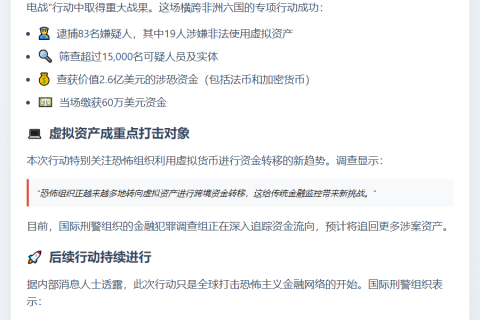 国际刑警组织在非洲逮捕19名非法使用虚拟资产的嫌疑人，并查获2.6亿美元涉恐资金