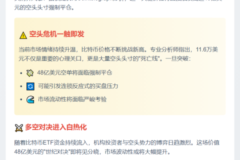 比特币若达11.6万，48亿空头或爆仓