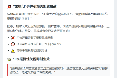 特朗普宣布对加拿大商品加征10%关税