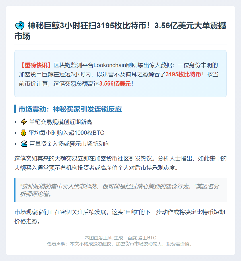 巨鲸3小时狂囤3195枚BTC
