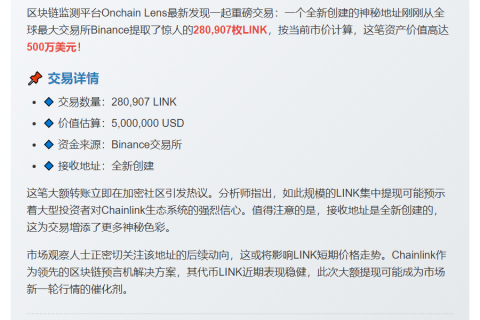 新地址从Binance提取28万枚LINK