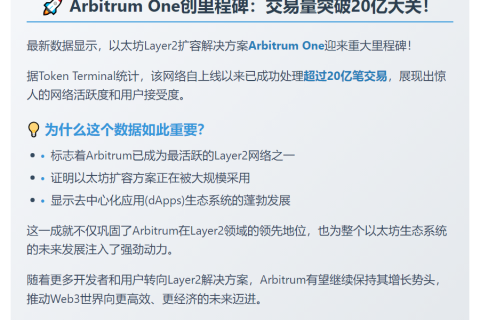 Arbitrum One交易量突破20亿笔