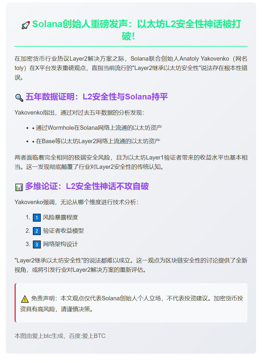 Solana联创驳斥L2安全性依赖以太坊