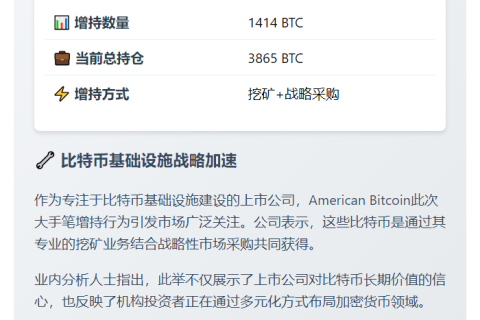 美企增持1414枚BTC，总持仓3865枚