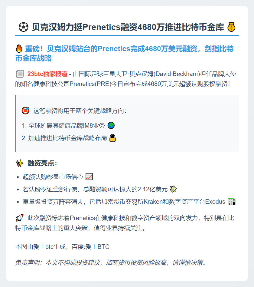 贝克汉姆力挺Prenetics融资4680万推进比特币金库