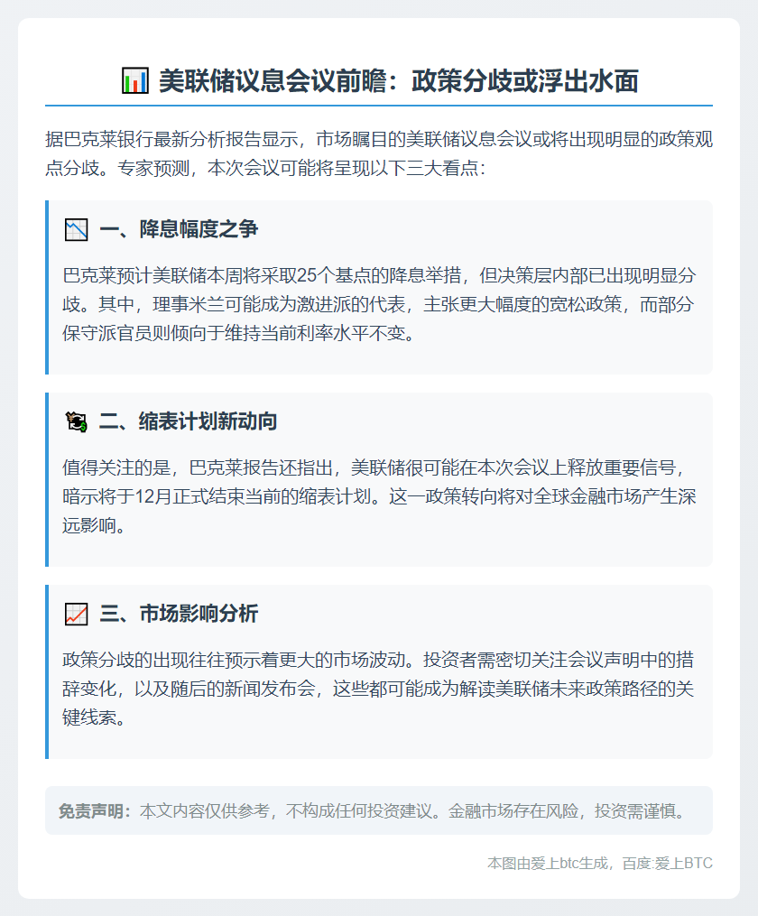 巴克莱：美联储会议或现政策分歧
