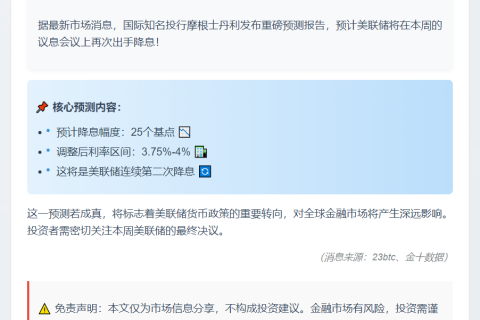 摩根士丹利预测美联储降息至3.75%-4%