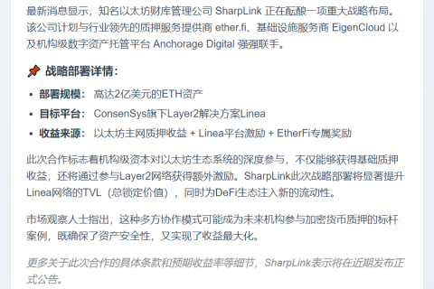 SharpLink 拟在 Linea 部署 2 亿美元 ETH 质押