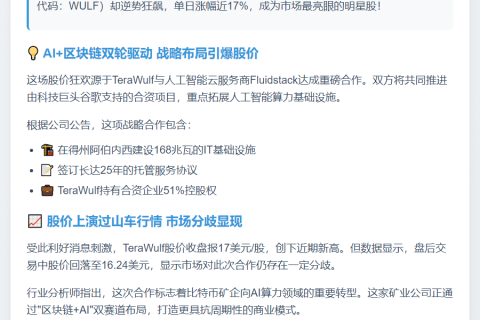 比特币矿企TeraWulf股价因谷歌AI计划大涨