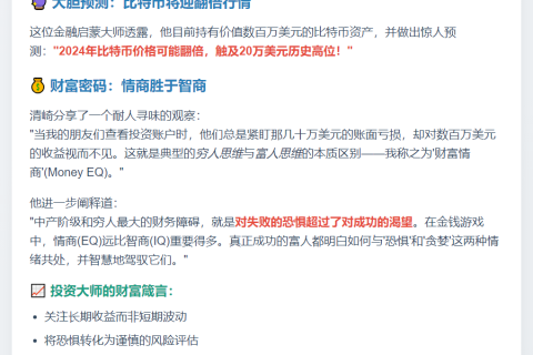 《富爸爸》作者：持数百万BTC，今年或涨至20万