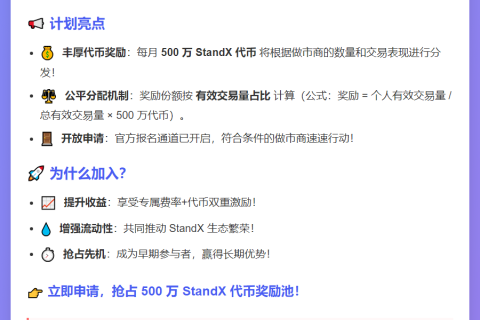 "StandX 启动做市计划，月奖500万代币"