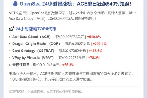 OpenSea 24小时涨幅榜：ACE暴涨540.6%