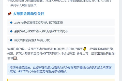 新钱包购入294万ASTER，提取530万USDT