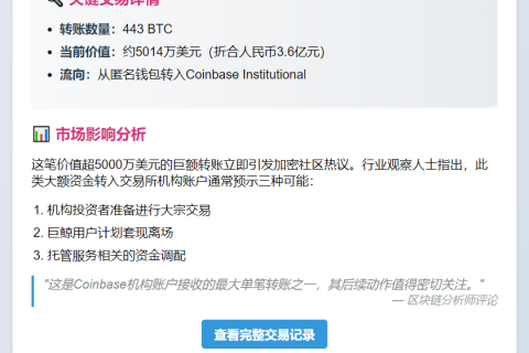 443枚比特币转入Coinbase机构账户