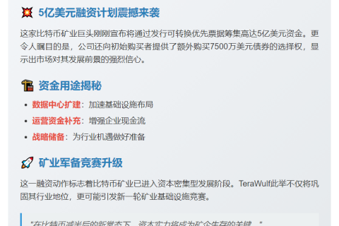 比特币矿企TeraWulf拟募资5亿美元