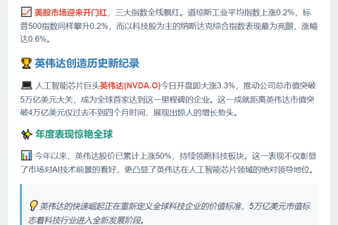 英伟达市值破5万亿，美股高开