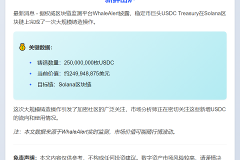 Solana链新增2.5亿USDC