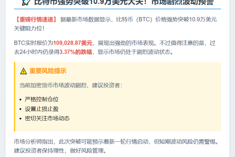 比特币突破10.9万美元