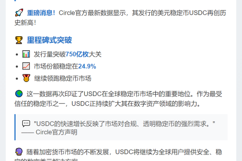 USDC发行量超750亿，市占24.9%