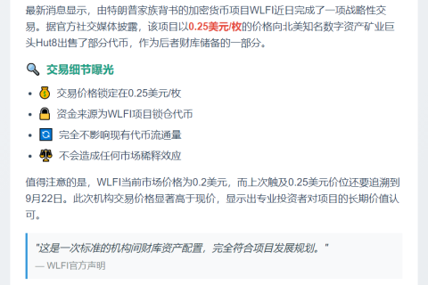 WLFI：0.25美元向Hut8出售代币