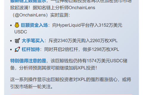 巨鲸再购2260万XPL并以2倍杠杆做多