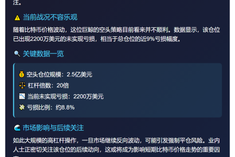 巨鲸2.5亿比特币空头浮亏2200万
