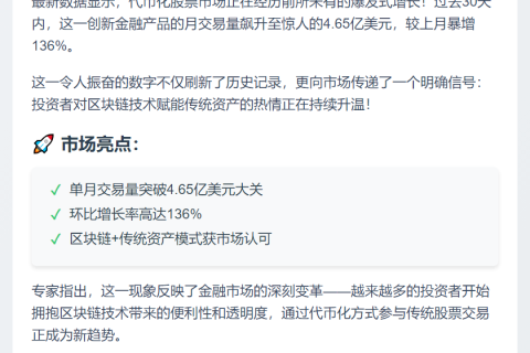 代币化股票月交易量破4.65亿美元
