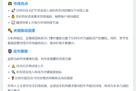 比特币再创新高，非机构需求强劲