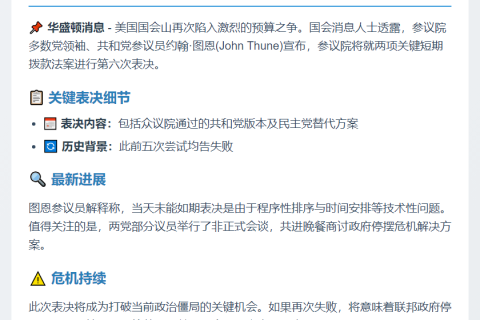美参议院8日第六次表决短期拨款案