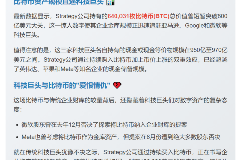 美国企业财库：$780亿比特币资产逼近亚马逊