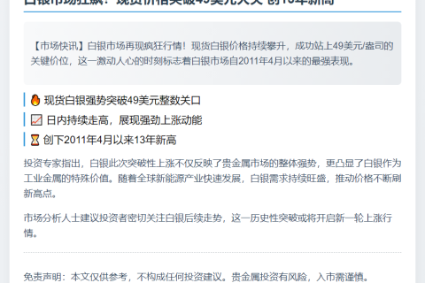 白银现货突破49美元
