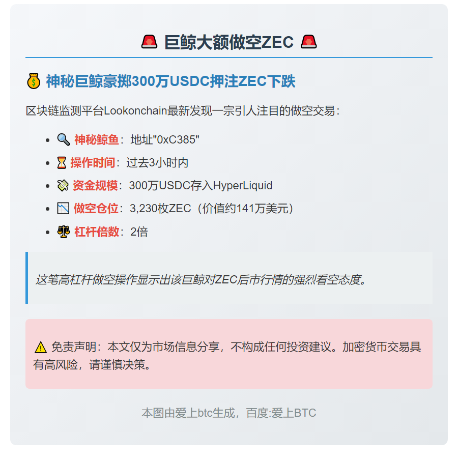 巨鲸141万美元2倍做空ZEC