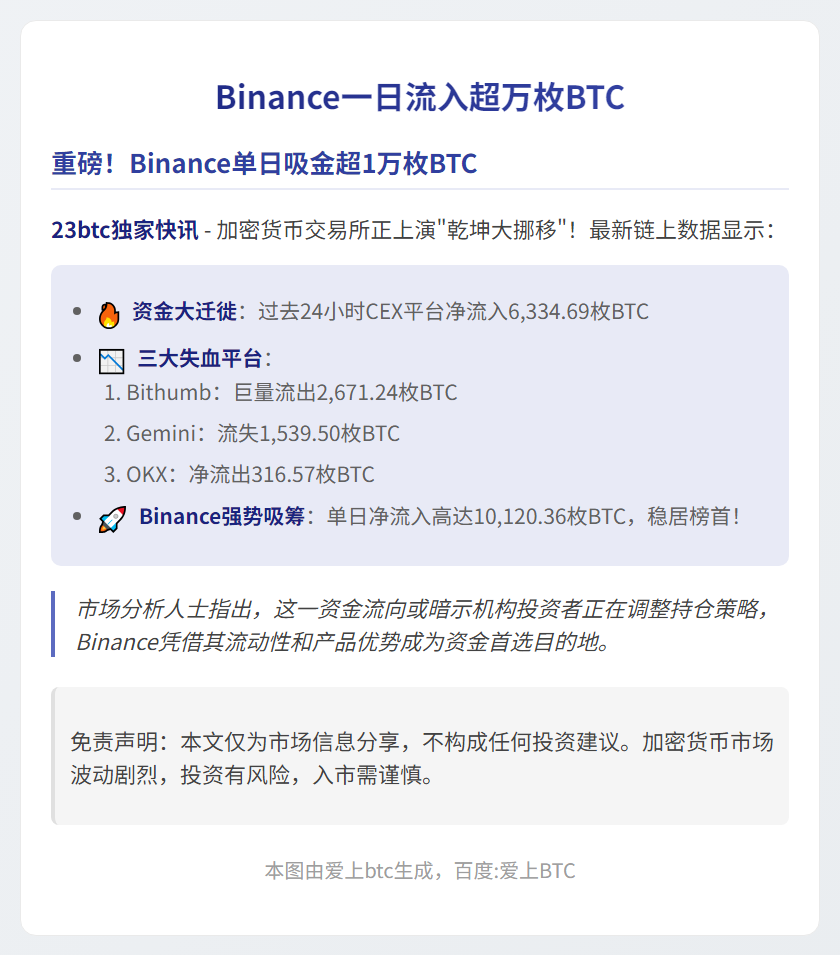 Binance一日流入超万枚BTC