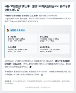巨鲸245万美元SOL成交