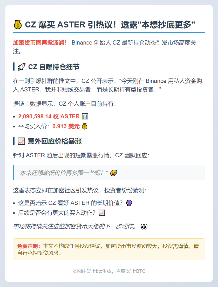 CZ回应ASTER暴涨：本想低价多买
