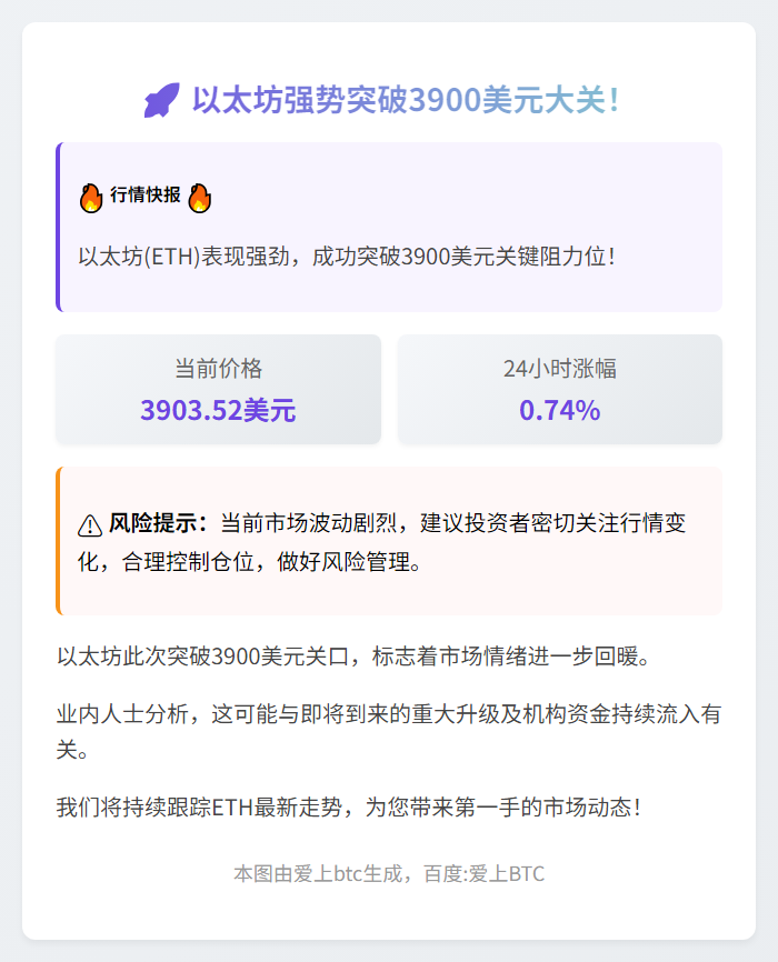ETH突破3900美元