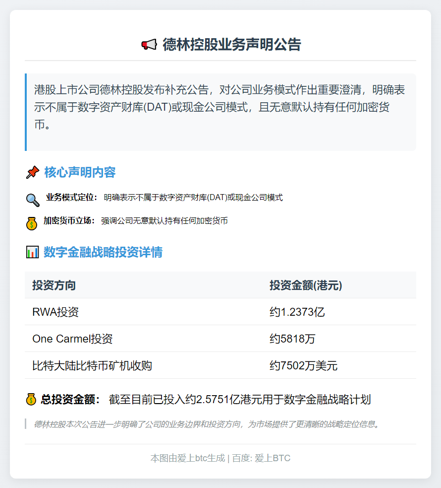 德林控股澄清：业务非DAT模式，不涉加密货币