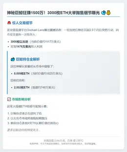 巨鲸转存3千枚以太坊 获利1476万美元