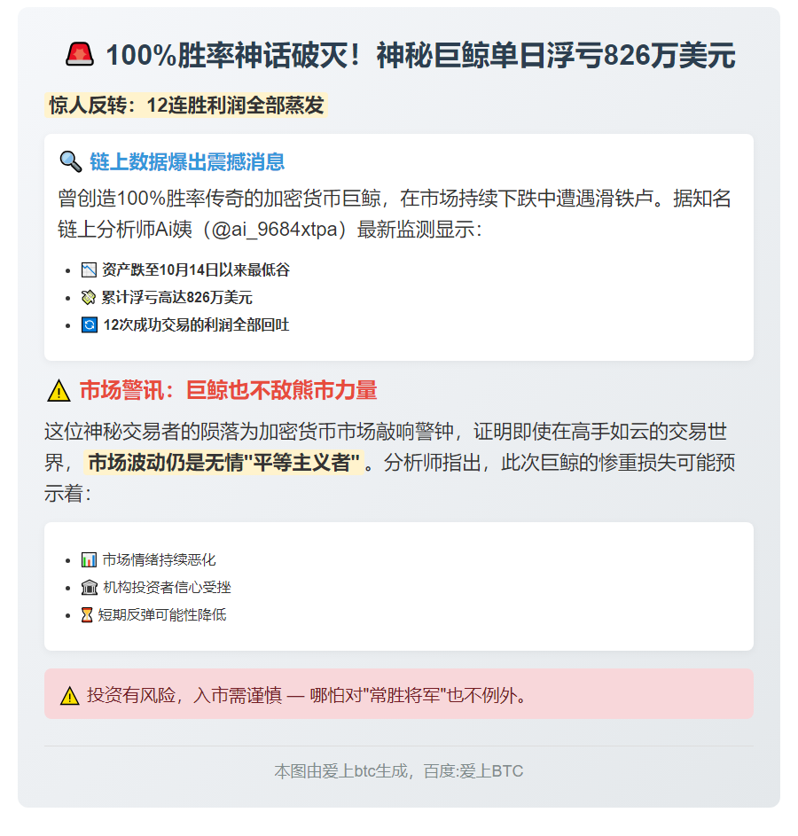 "巨鲸12连亏，浮亏826万美元"