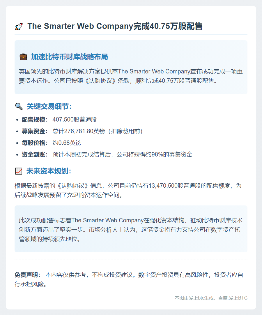 The Smarter Web完成40.75万股配售