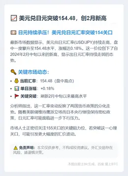 美元兑日元突破154.48，创2月新高